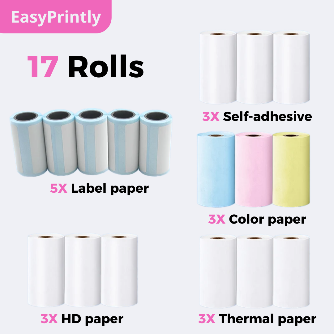 EasyPrintly Deluxe Bundle: Includes 17 thermal printing rolls, 5 label paper, 3 HD paper, 3 color paper, 3 self-adhesive paper, and 3 thermal paper