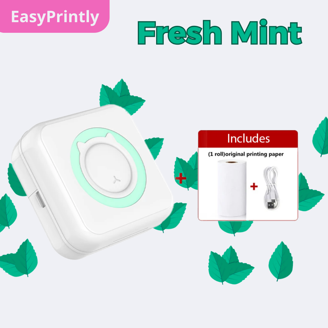 Fresh Mint portable thermal printer in white with a mint green circle by EasyPrintly