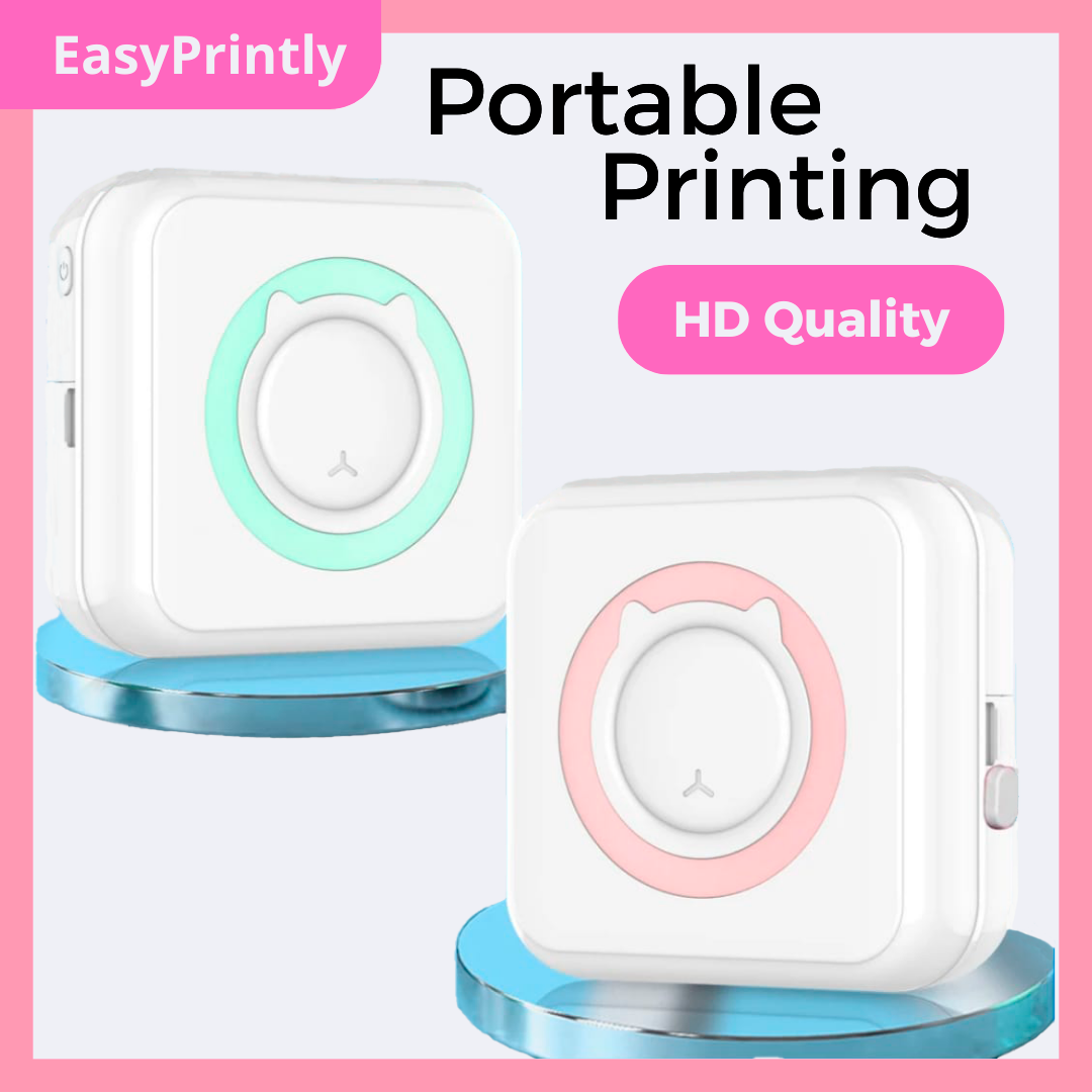 EasyPrintly hero image featuring Fresh Mint and Pink Pearl portable printers, labeled 'Portable Printing' with 'HD Quality' capsule. EasyPrintly brand logo in the left upper corner