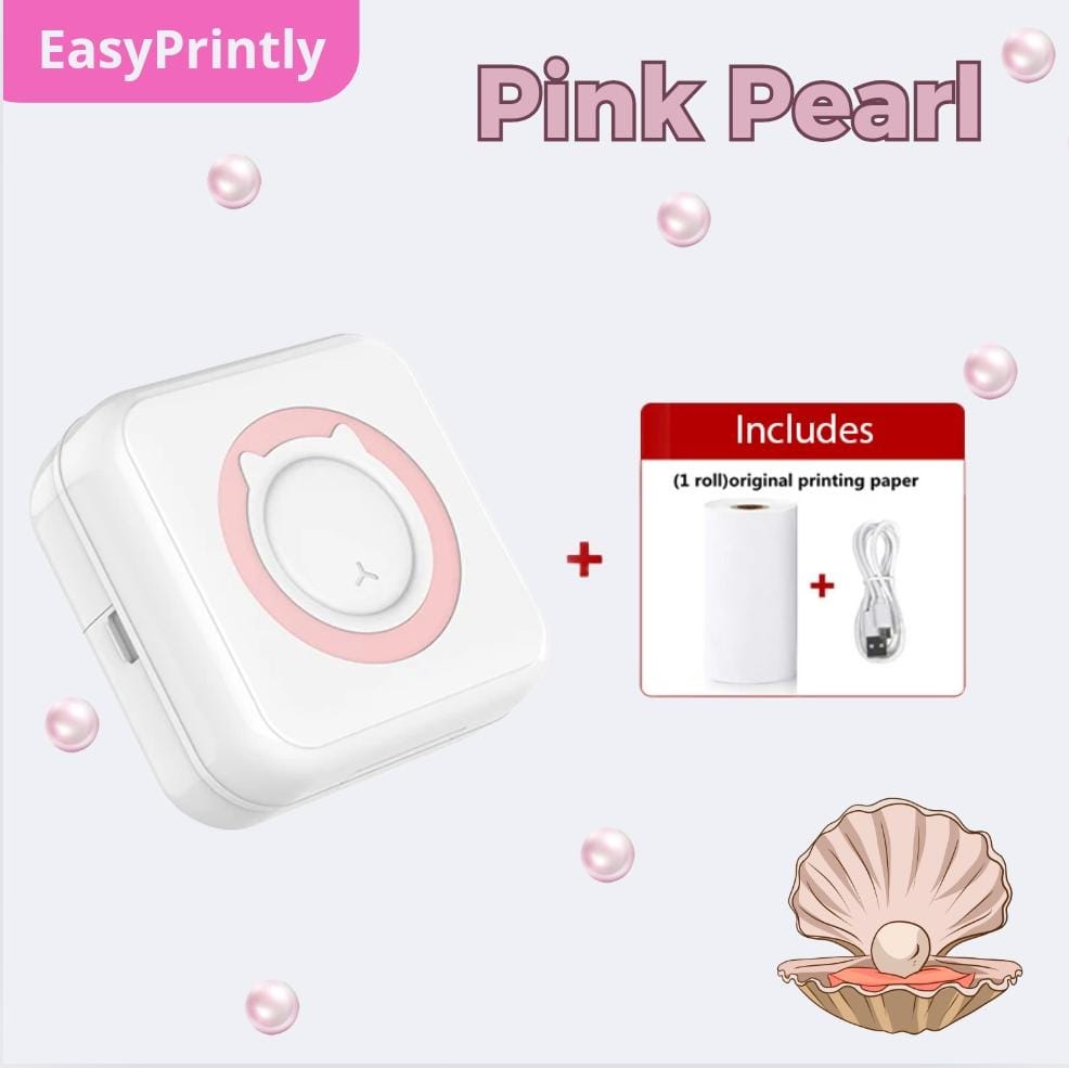 Pink Pearl portable thermal printer in white with a pink circle by EasyPrintly