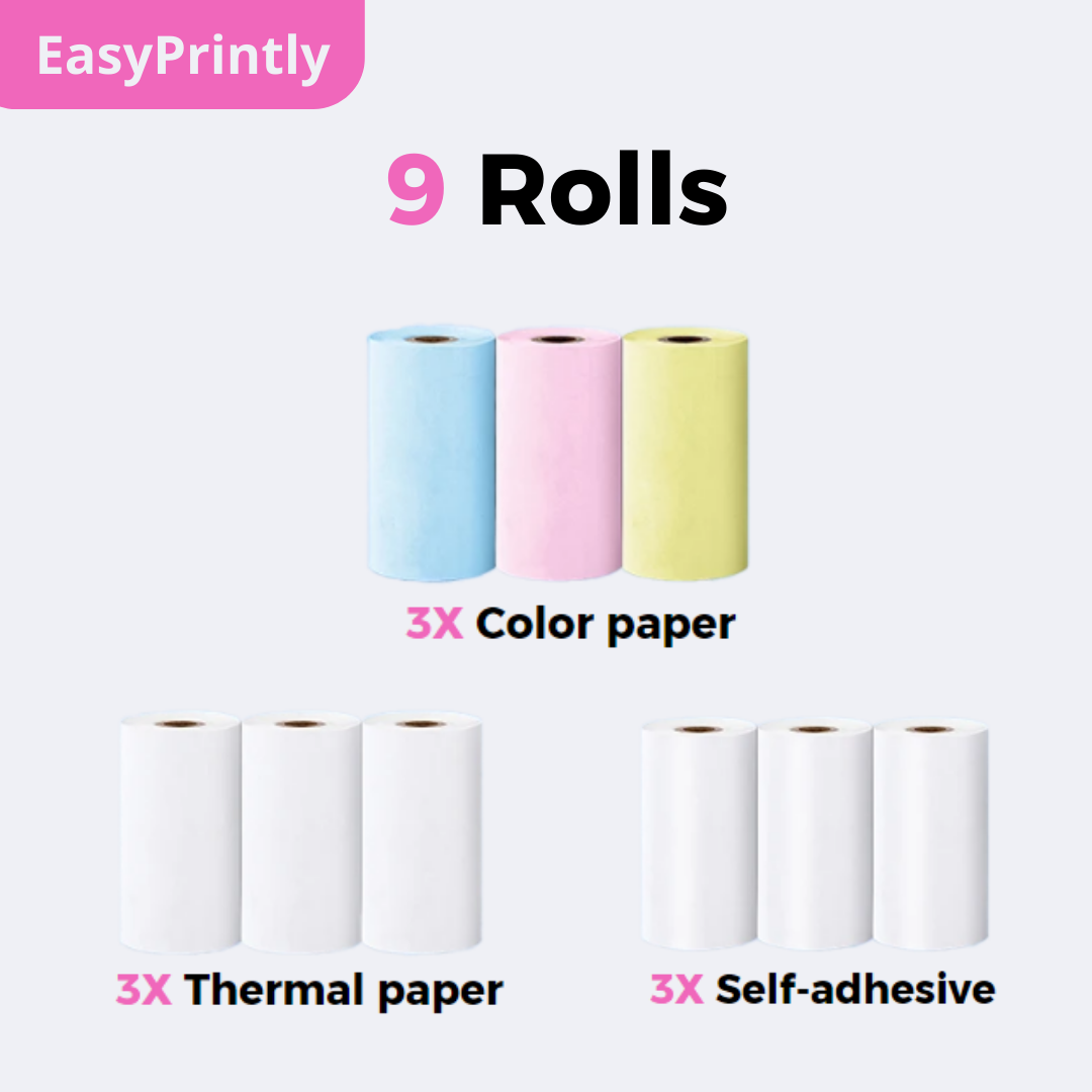 EasyPrintly Starter Bundle: Includes 3 color paper, 3 thermal paper, and 3 self-adhesive paper rolls.