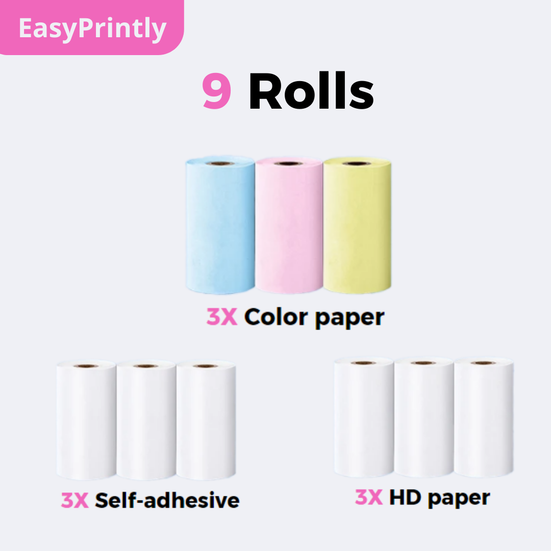 EasyPrintly Starter HD Bundle: Includes 3 color paper, 3 HD paper, and 3 self-adhesive paper rolls.